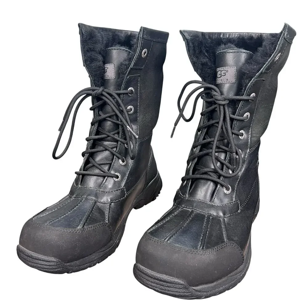 UGG Butte Waterproof Black Leather Shearling Snow Boots Size 11